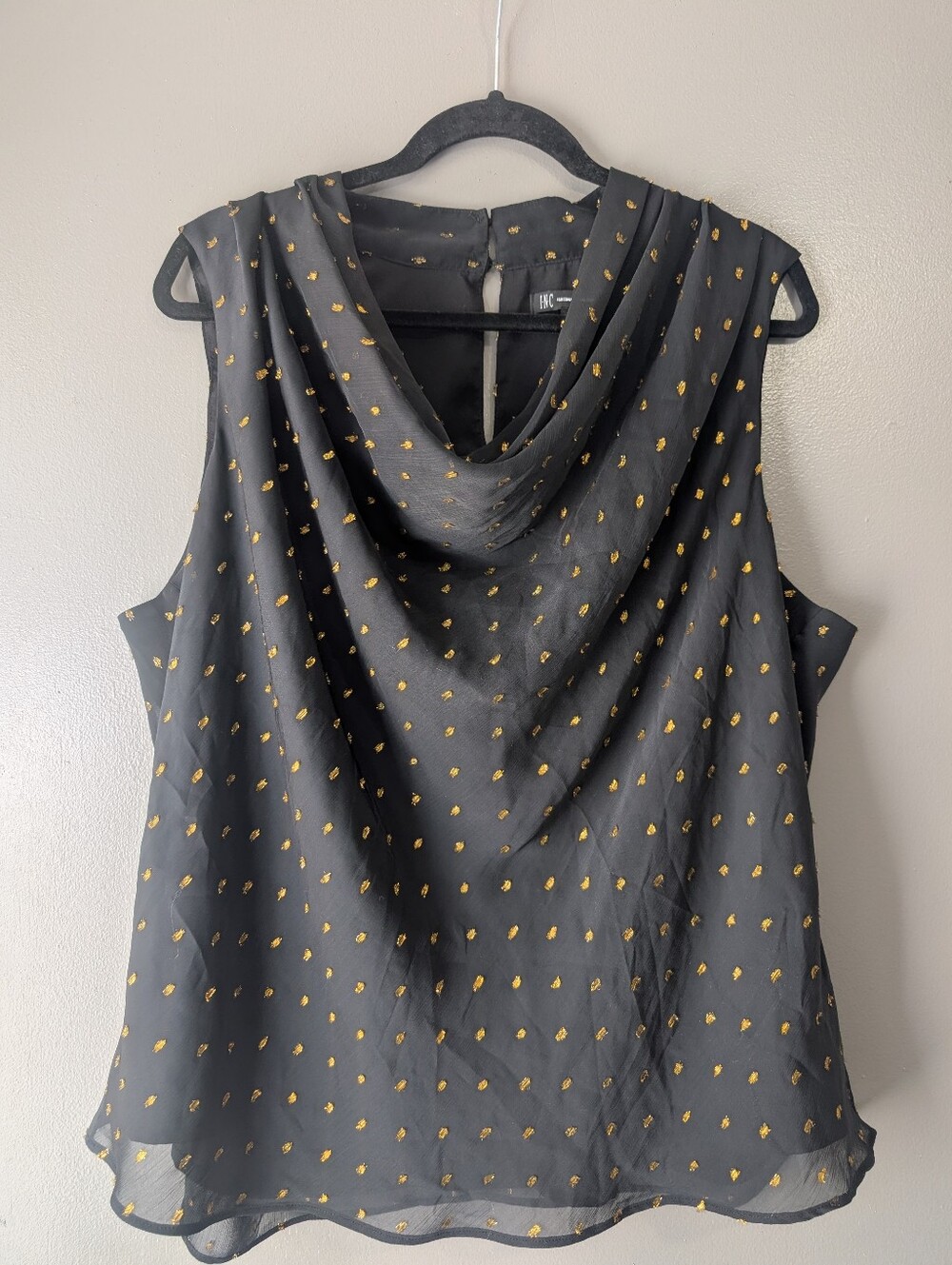 INC International Concepts XXL Black Gold Metallic Clip Dot Cowl Neck Blouse